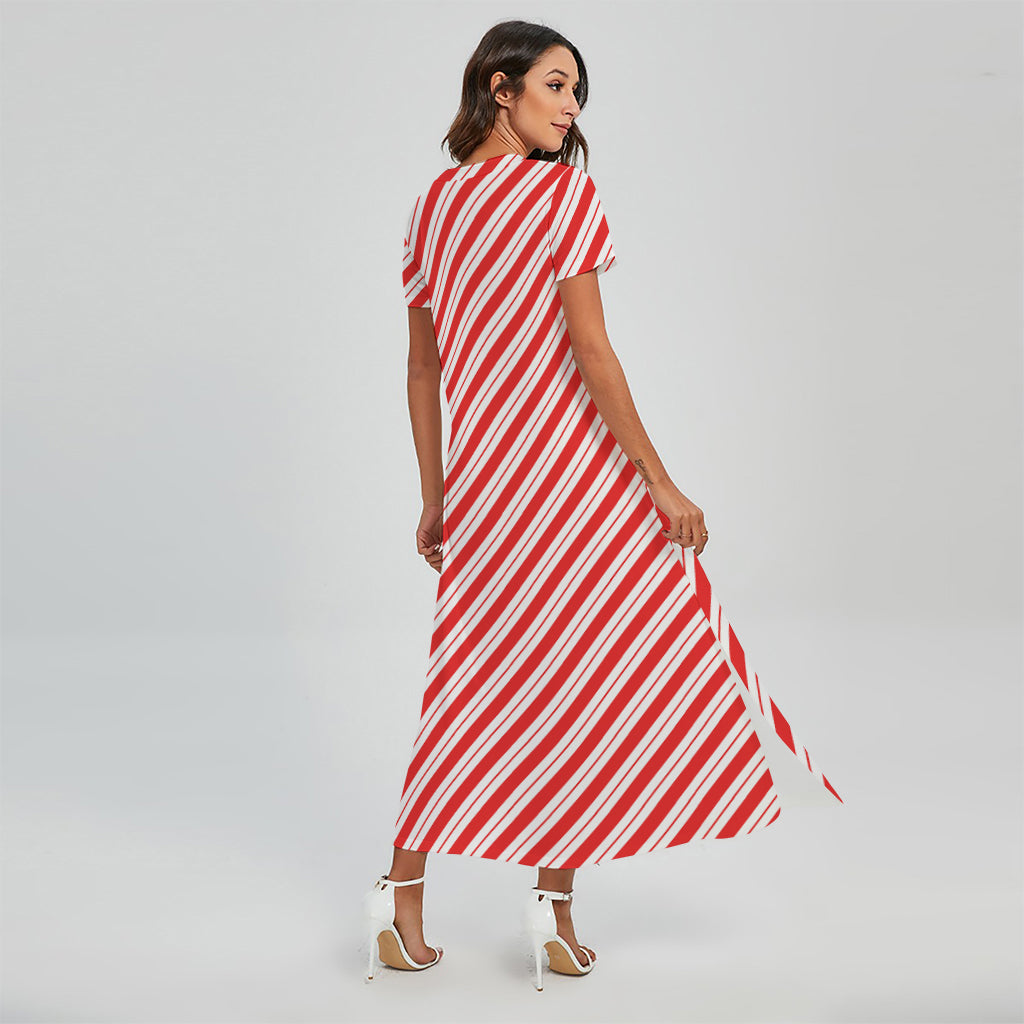 Red And White Candy Cane Stripes Print Short Sleeve Maxi Dress