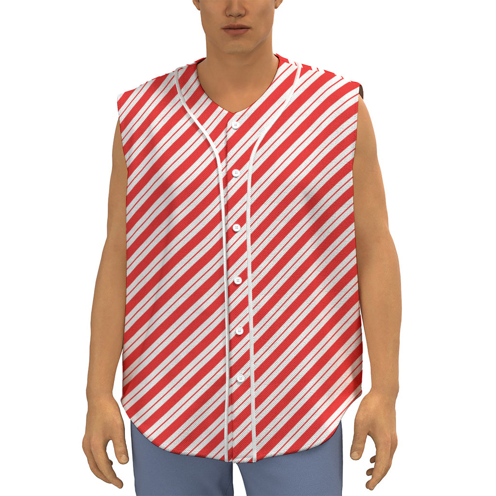 Red And White Candy Cane Stripes Print Sleeveless Baseball Jersey