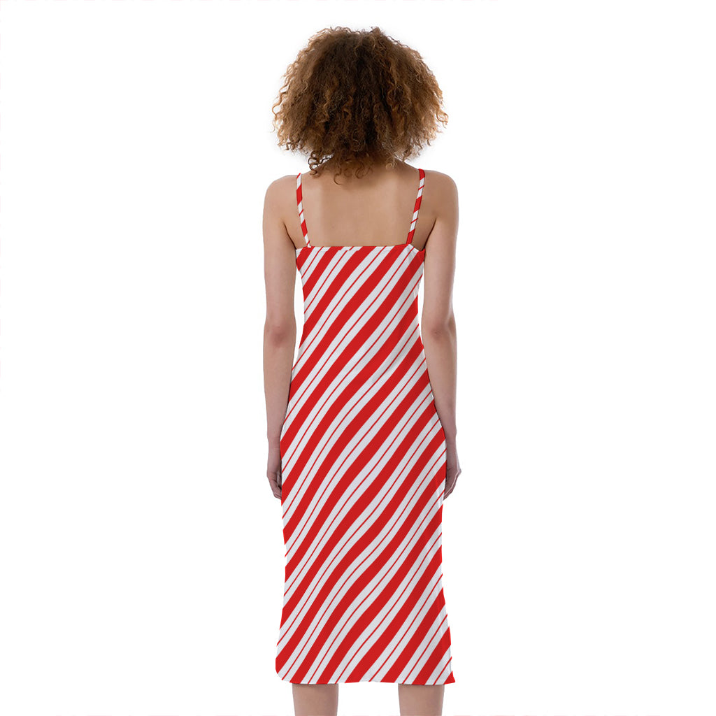 Red And White Candy Cane Stripes Print Slim Fit Midi Cami Dress