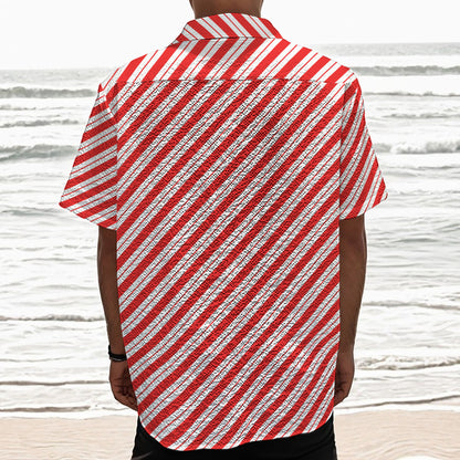 Red And White Candy Cane Stripes Print Textured Short Sleeve Shirt