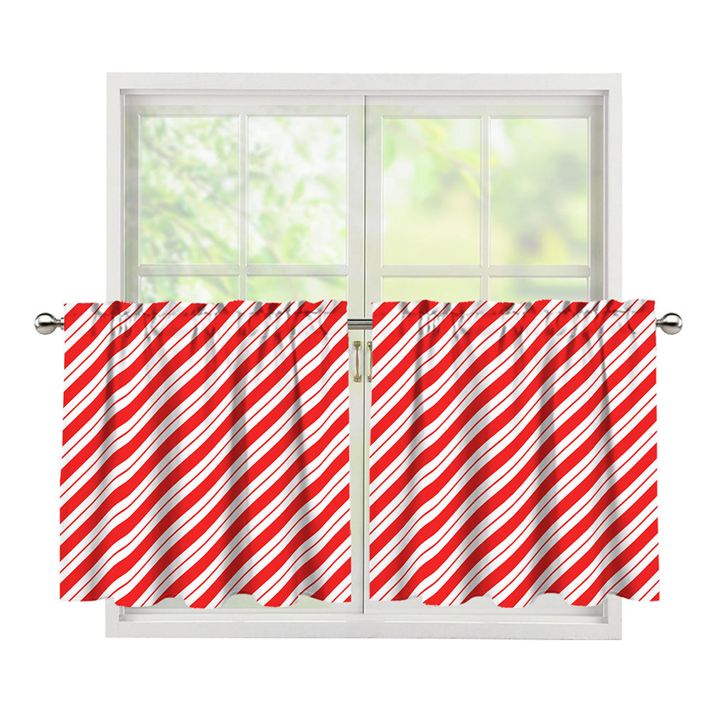 Red And White Candy Cane Stripes Print Tier Curtains