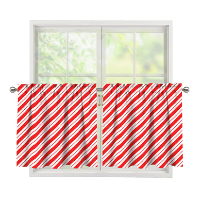 Red And White Candy Cane Stripes Print Tier Curtains