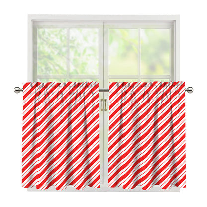 Red And White Candy Cane Stripes Print Tier Curtains