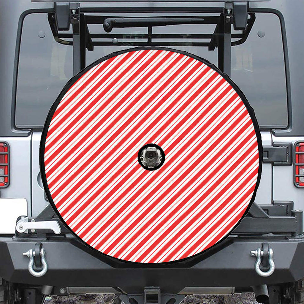 Red And White Candy Cane Stripes Print Tire Cover With Camera Hole