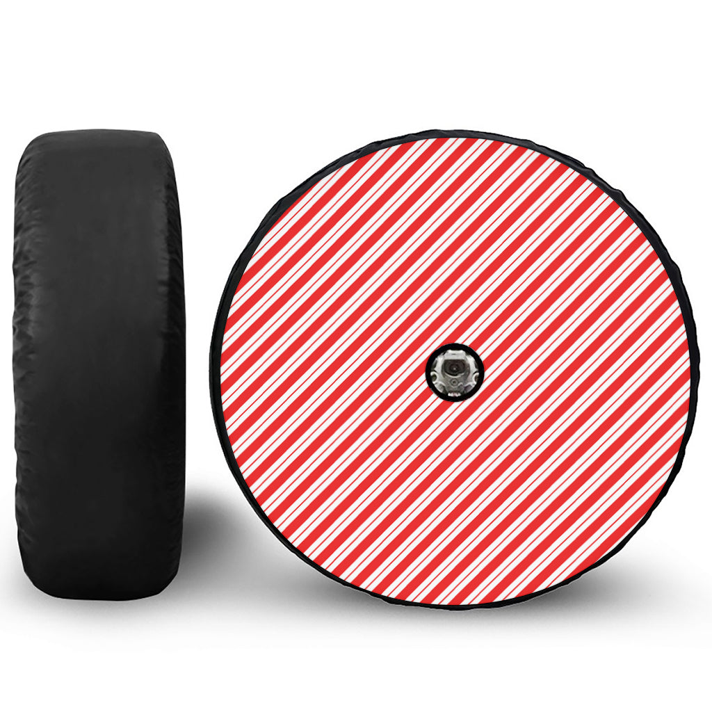 Red And White Candy Cane Stripes Print Tire Cover With Camera Hole