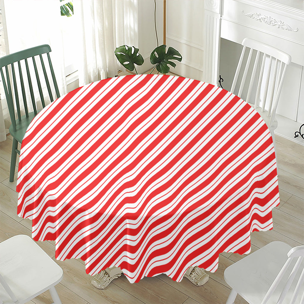 Red And White Candy Cane Stripes Print Waterproof Round Tablecloth