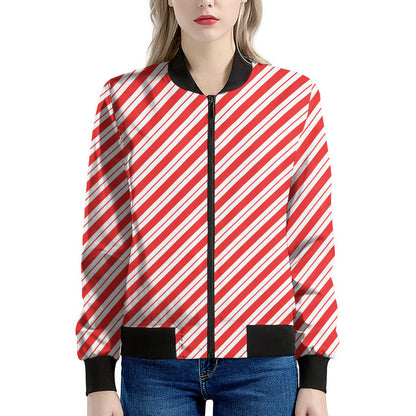 Red And White Candy Cane Stripes Print Women's Bomber Jacket