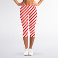 Red And White Candy Cane Stripes Print Women's Capri Leggings