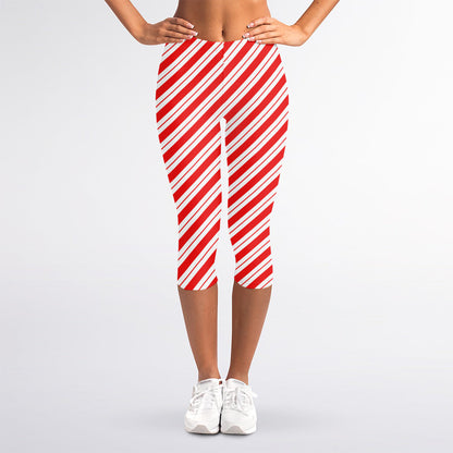Red And White Candy Cane Stripes Print Women's Capri Leggings