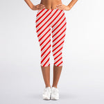 Red And White Candy Cane Stripes Print Women's Capri Leggings