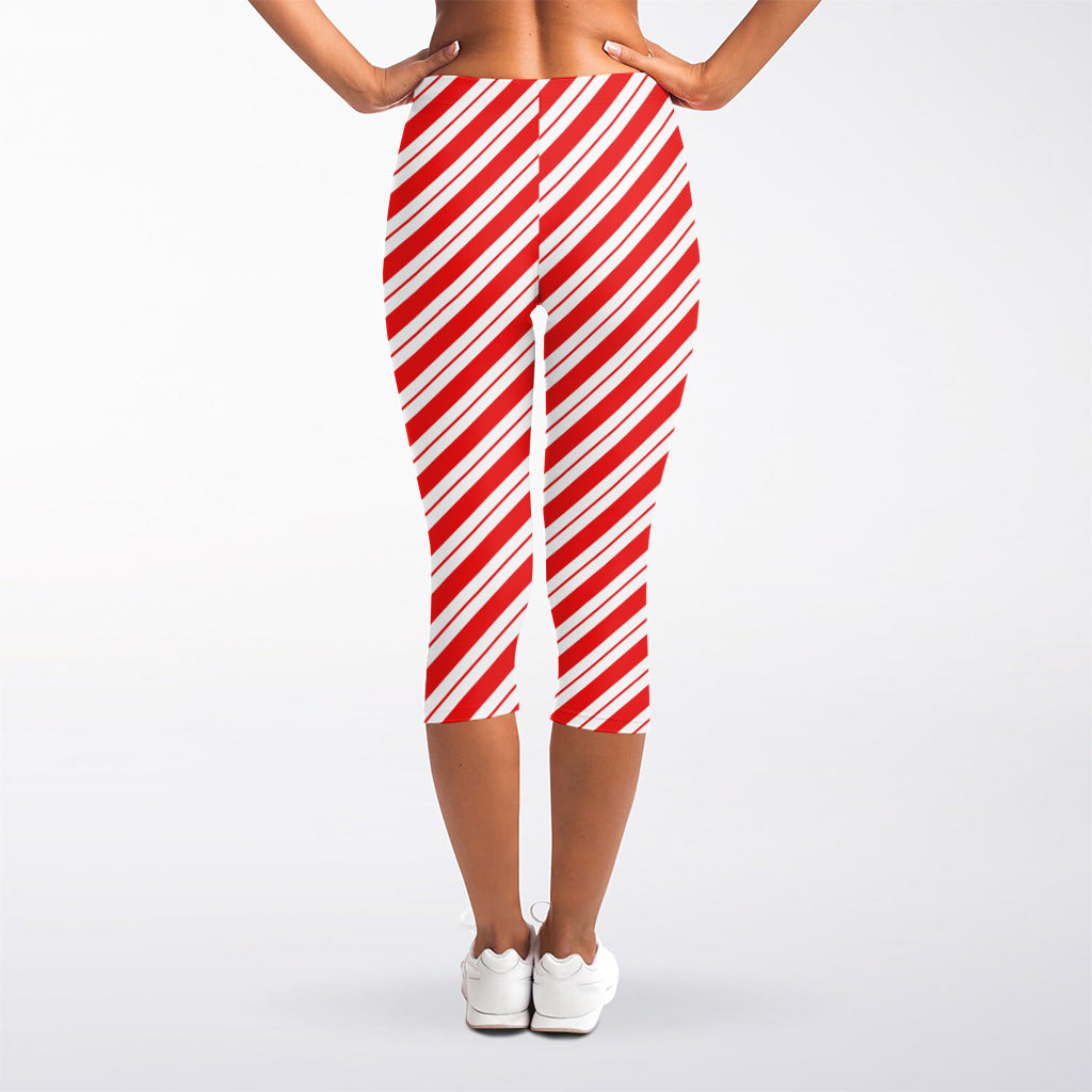 Red And White Candy Cane Stripes Print Women's Capri Leggings