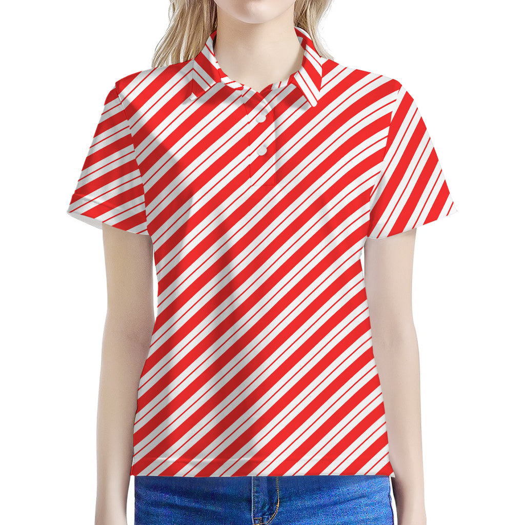 Red And White Candy Cane Stripes Print Women's Polo Shirt