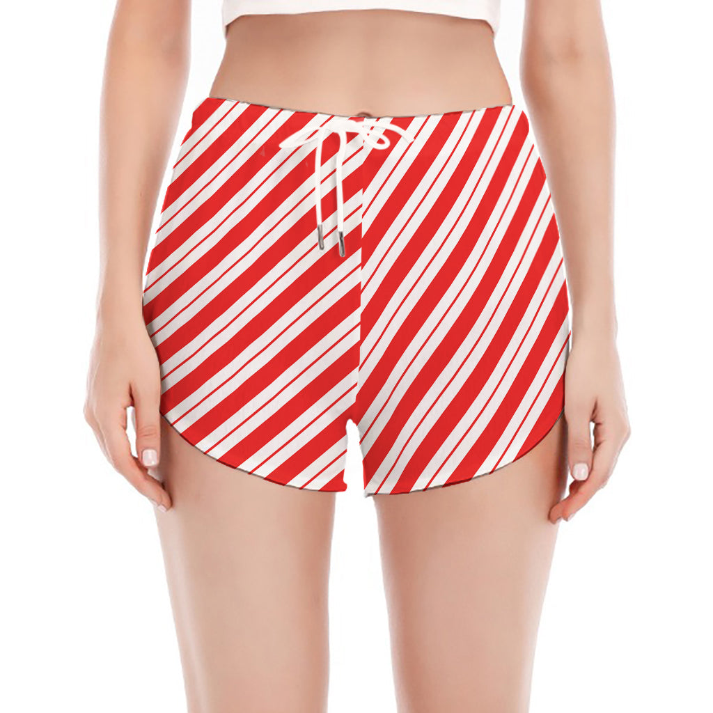 Red And White Candy Cane Stripes Print Women's Split Running Shorts