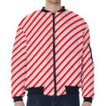 Red And White Candy Cane Stripes Print Zip Sleeve Bomber Jacket