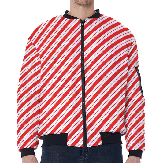 Red And White Candy Cane Stripes Print Zip Sleeve Bomber Jacket