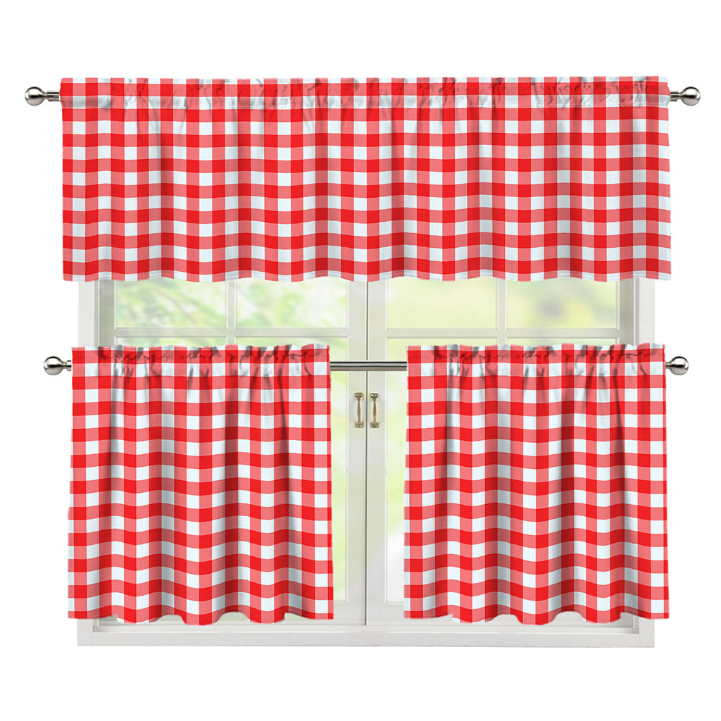 Red And White Check Pattern Print 3 Piece Kitchen Curtains