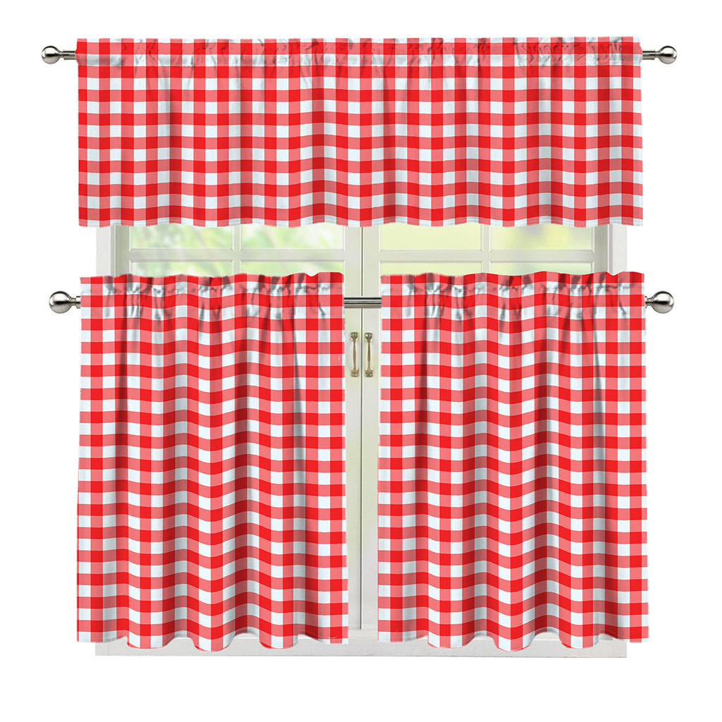 Red And White Check Pattern Print 3 Piece Kitchen Curtains