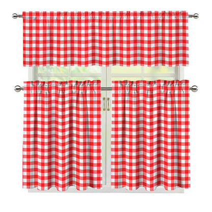 Red And White Check Pattern Print 3 Piece Kitchen Curtains