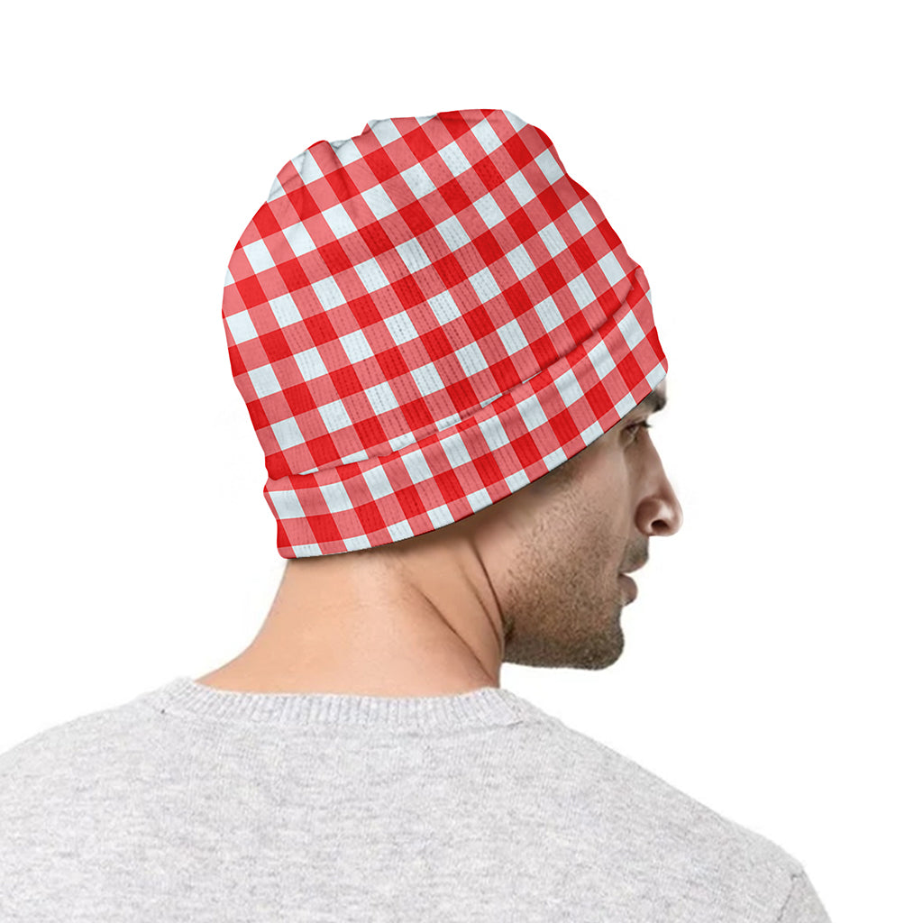 Red And White Check Pattern Print Beanie