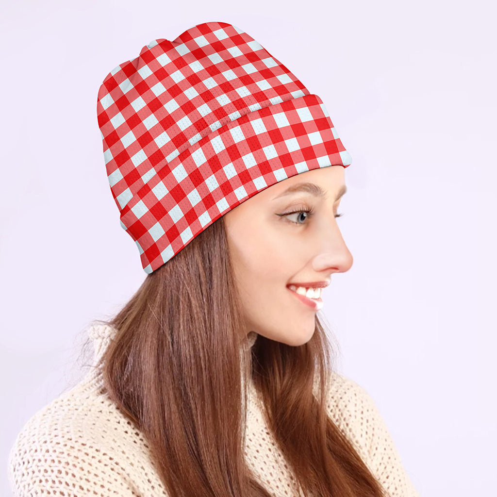 Red And White Check Pattern Print Beanie