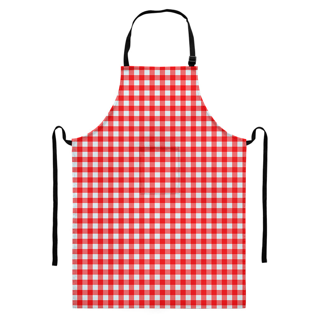 Red And White Check Pattern Print Bib Apron With Pocket