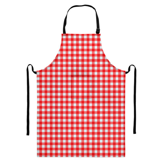 Red And White Check Pattern Print Bib Apron With Pocket