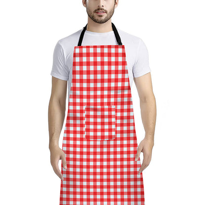 Red And White Check Pattern Print Bib Apron With Pocket