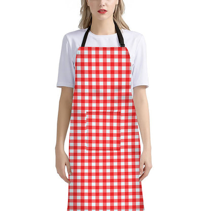 Red And White Check Pattern Print Bib Apron With Pocket