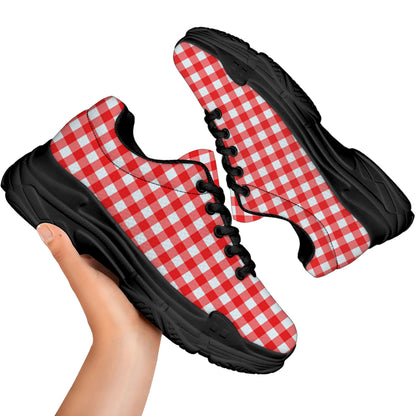 Red And White Check Pattern Print Black Chunky Shoes