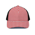 Red And White Check Pattern Print Black Mesh Trucker Hat