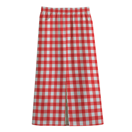 Red And White Check Pattern Print Cotton Front Slit Maxi Skirt