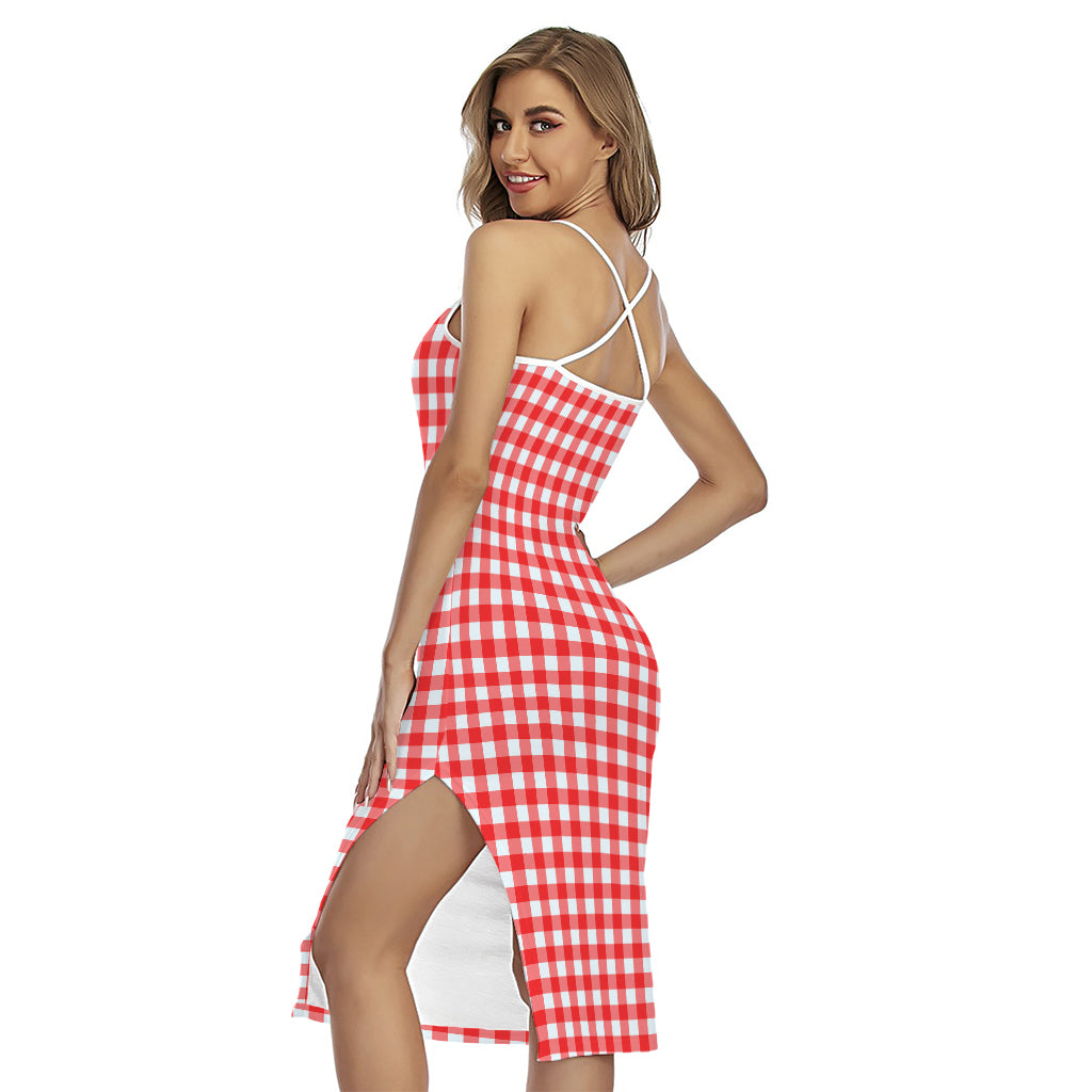 Red And White Check Pattern Print Cross Back Cami Dress