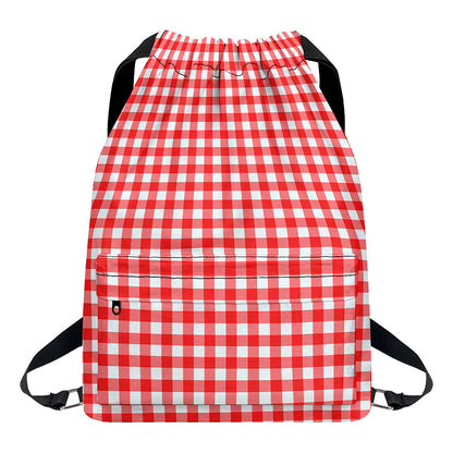 Red And White Check Pattern Print Drawstring Backpack