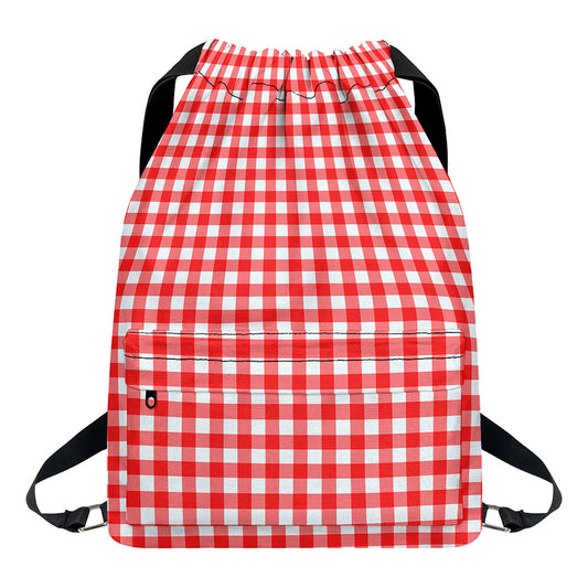 Red And White Check Pattern Print Drawstring Backpack