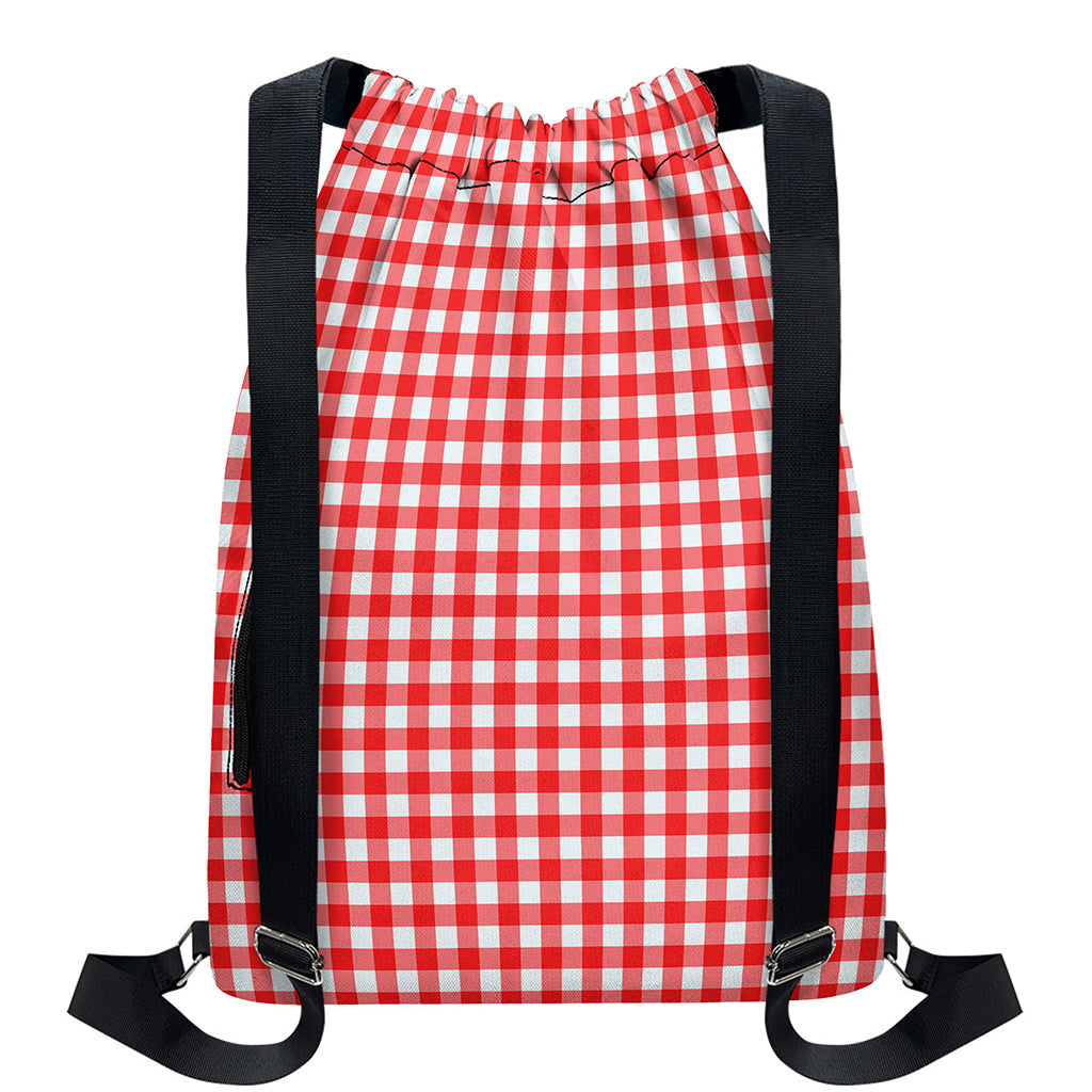 Red And White Check Pattern Print Drawstring Backpack