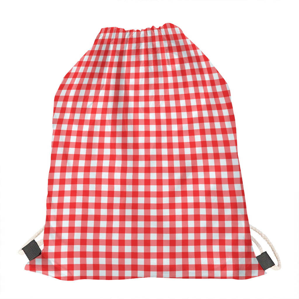 Red And White Check Pattern Print Drawstring Bag