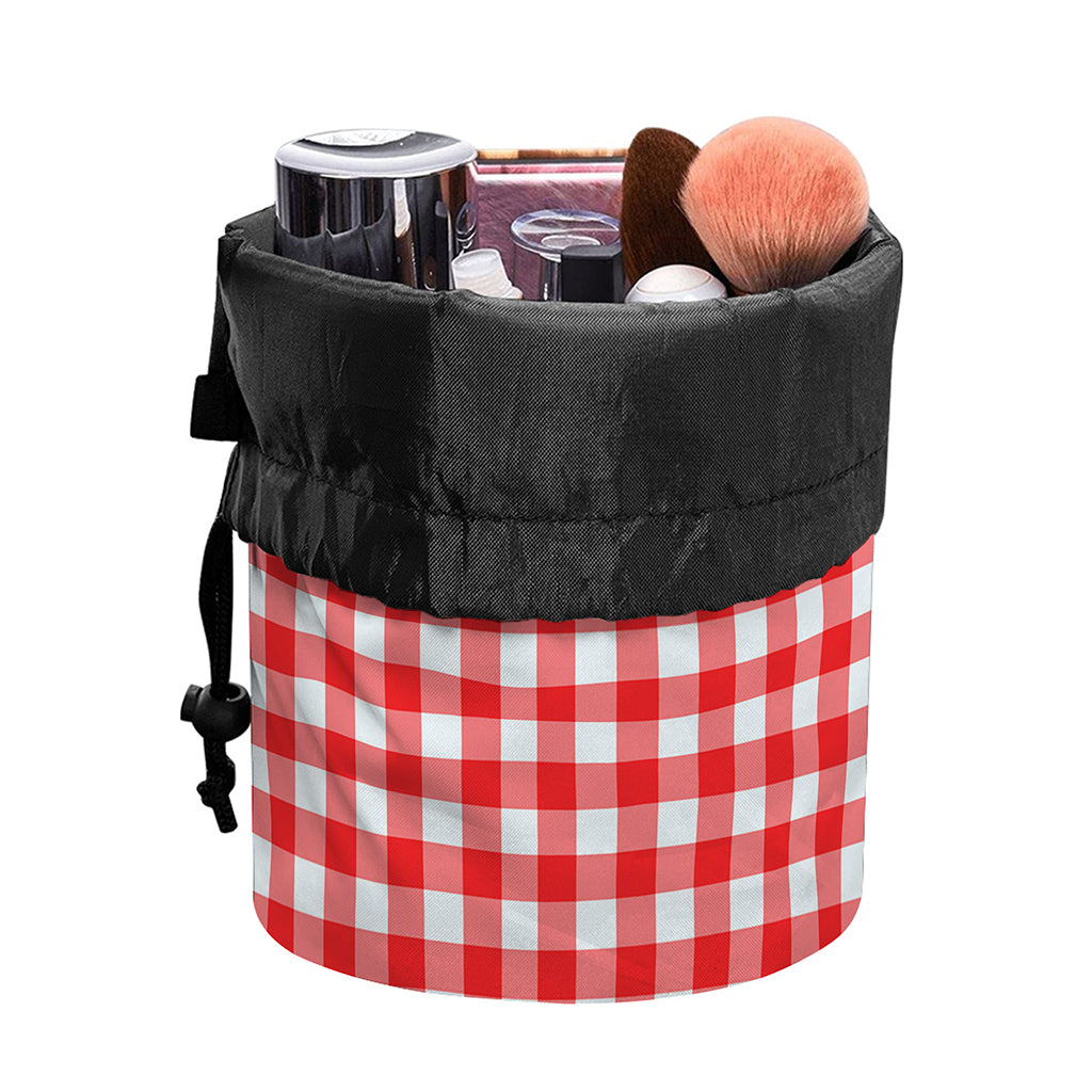 Red And White Check Pattern Print Drawstring Makeup Bag
