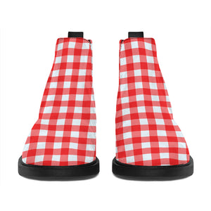 Red And White Check Pattern Print Flat Ankle Boots