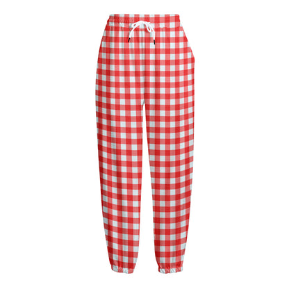 Red And White Check Pattern Print Fleece Lined Knit Pants