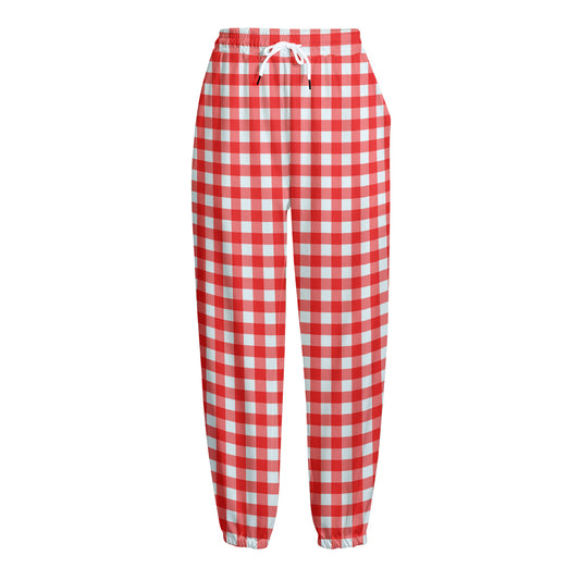 Red And White Check Pattern Print Fleece Lined Knit Pants