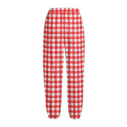 Red And White Check Pattern Print Fleece Lined Knit Pants