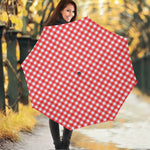 Red And White Check Pattern Print Foldable Umbrella