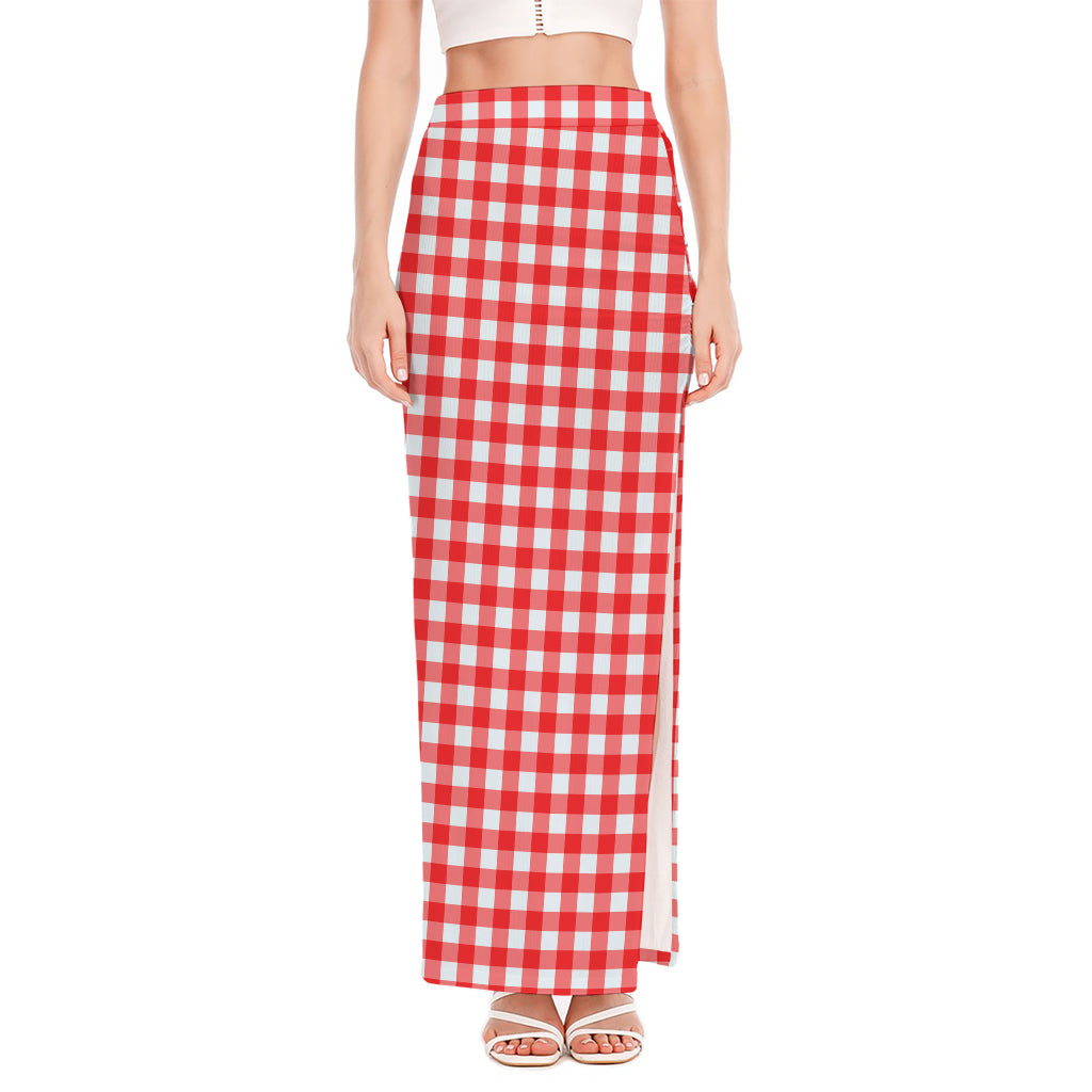 Red And White Check Pattern Print High Slit Maxi Skirt