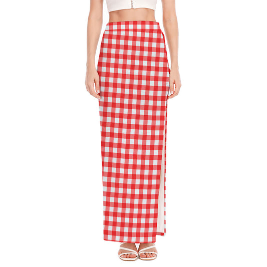 Red And White Check Pattern Print High Slit Maxi Skirt