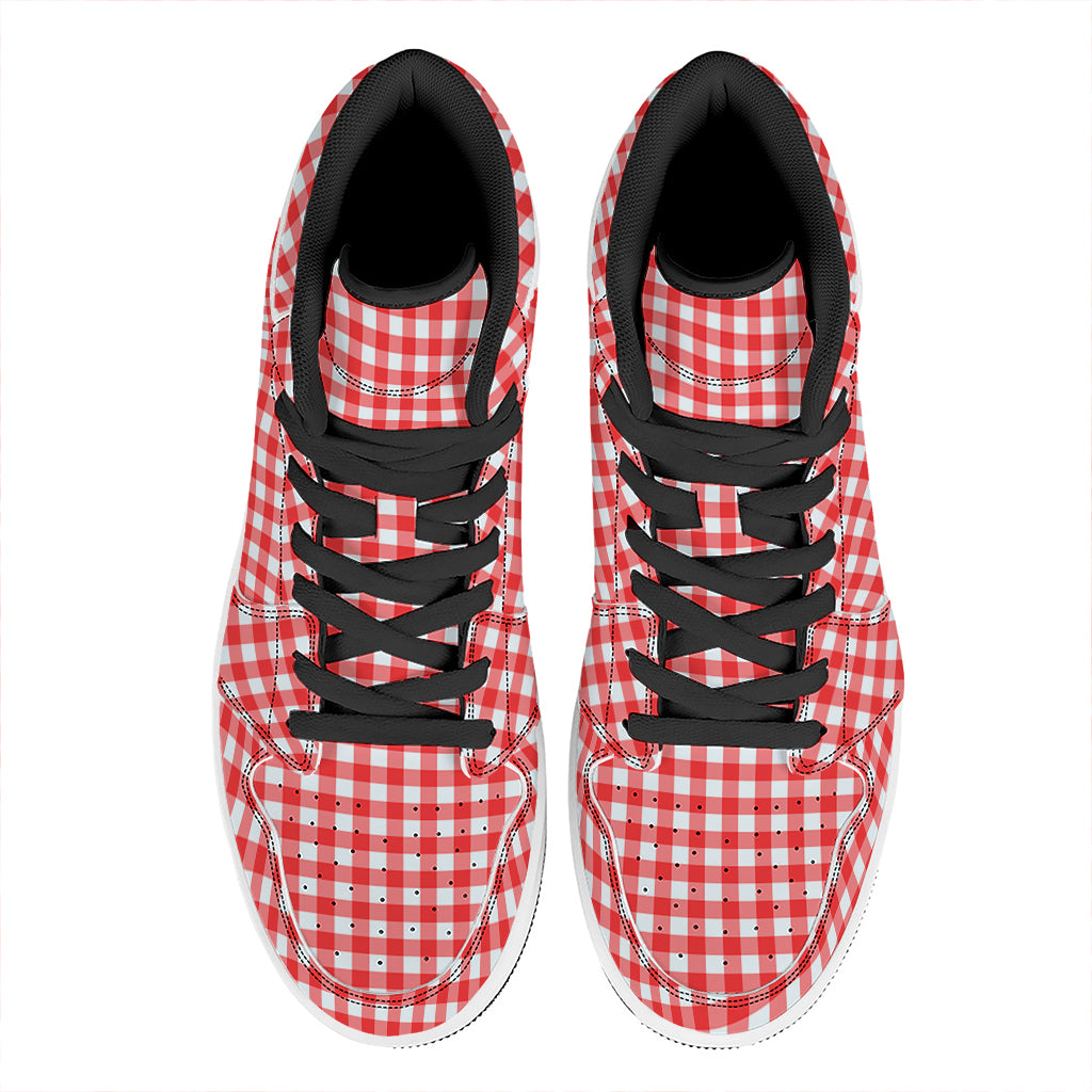 Red And White Check Pattern Print High Top Leather Sneakers