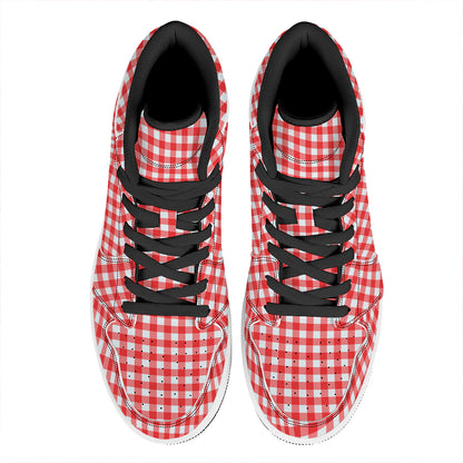 Red And White Check Pattern Print High Top Leather Sneakers