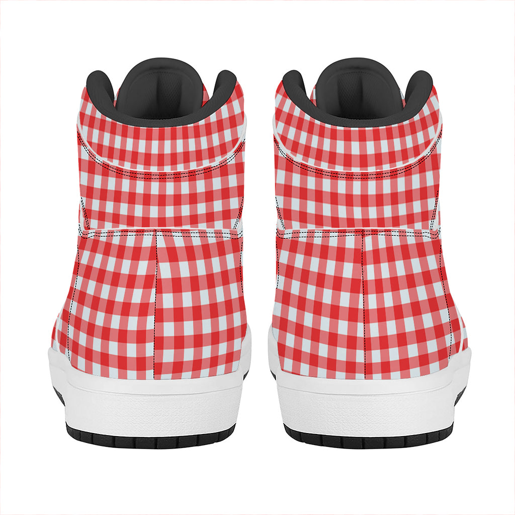 Red And White Check Pattern Print High Top Leather Sneakers