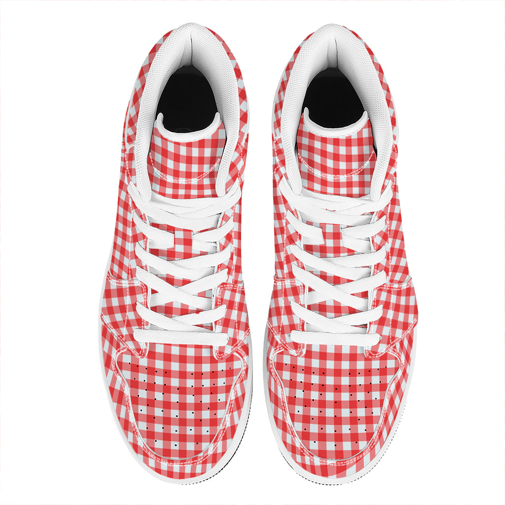 Red And White Check Pattern Print High Top Leather Sneakers