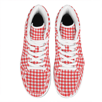 Red And White Check Pattern Print High Top Leather Sneakers