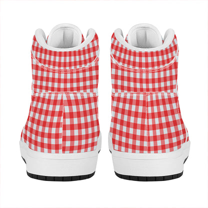 Red And White Check Pattern Print High Top Leather Sneakers
